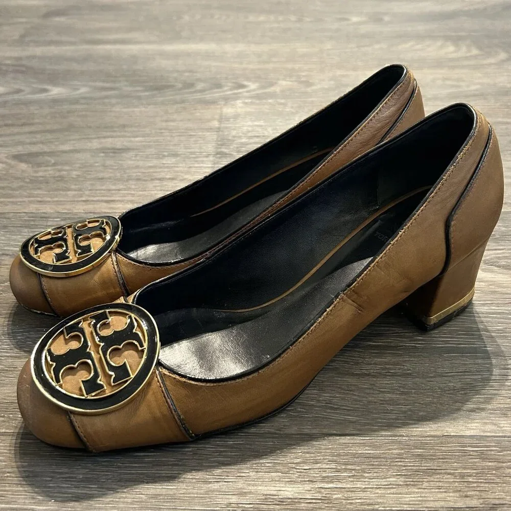 Tory Burch Size 9.5 Maddie Tan Leather Pumps Heels Block Heel Loafer Preppy